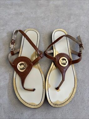 Michael Kors Brown and Cream MK Logo Thong Sandals